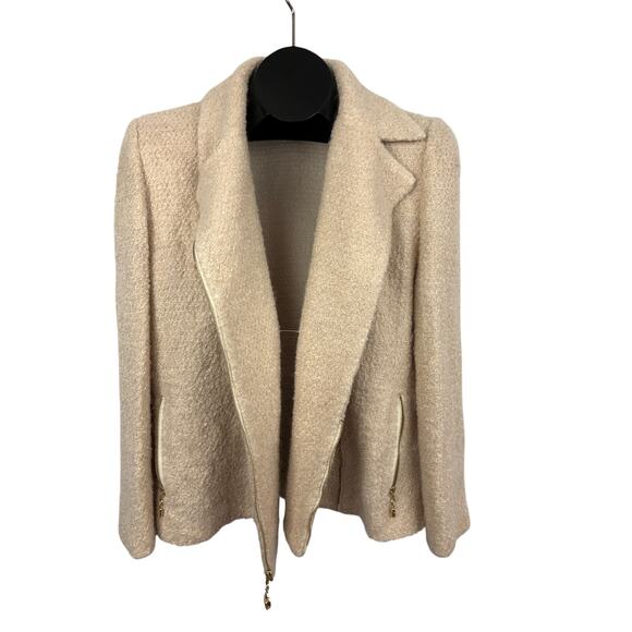 VTG St. John Collection Marie Gray Jacket Cream Asymmetrical Zip Wool USA Sz 12 - Picture 2 of 16